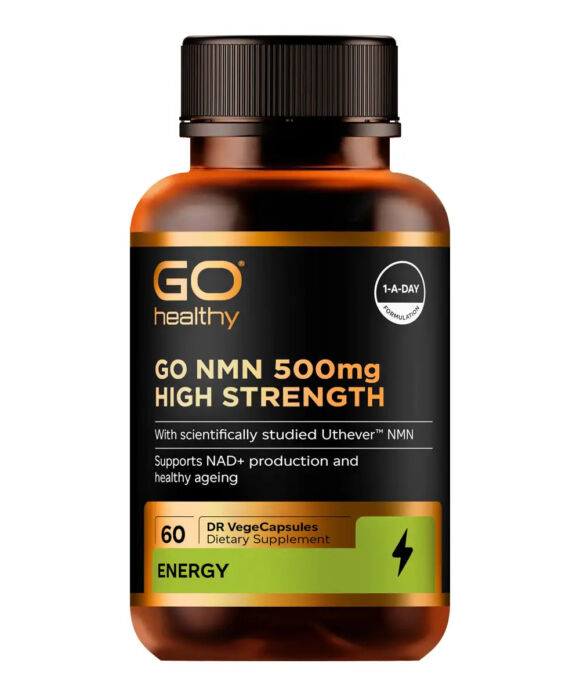 An amber brown bottle of GO Healthy Go NMN 500mg High Strength dietary supplement with a black cap and a black label featuring gold and green accents.