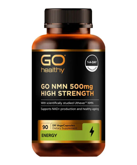 A bottle of GO Healthy GO NMN 500mg High Strength dietary supplement capsules, featuring an amber brown bottle, black cap, and a black label with gold and green accents.