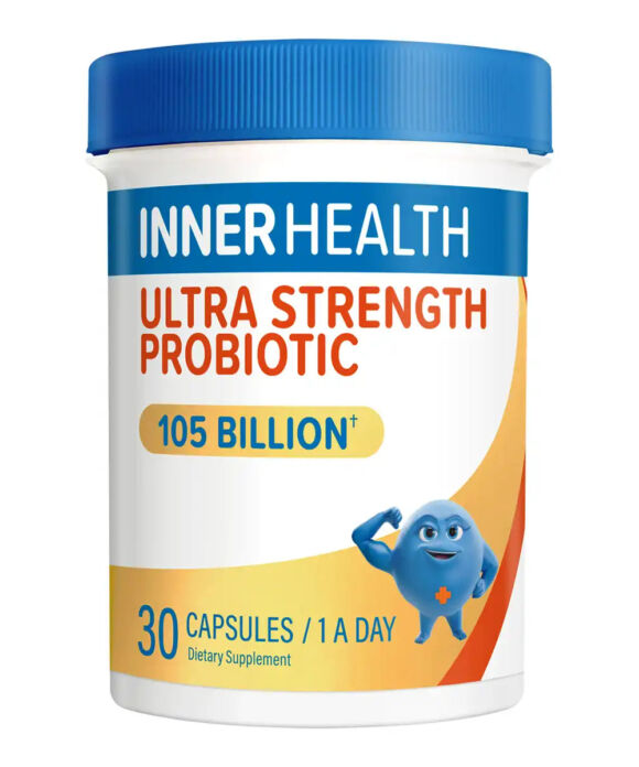 A white plastic supplement bottle with a blue screw-top lid. The label features blue, orange, and yellow graphics, including a cartoon blue bacterium.
